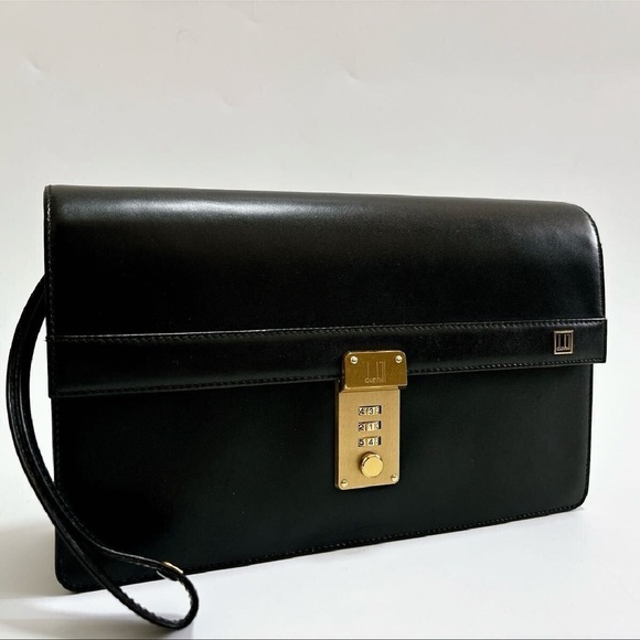 Dunhill Handbags - Dunhill Vintage Black Leather Document Clutch with Gold Lock